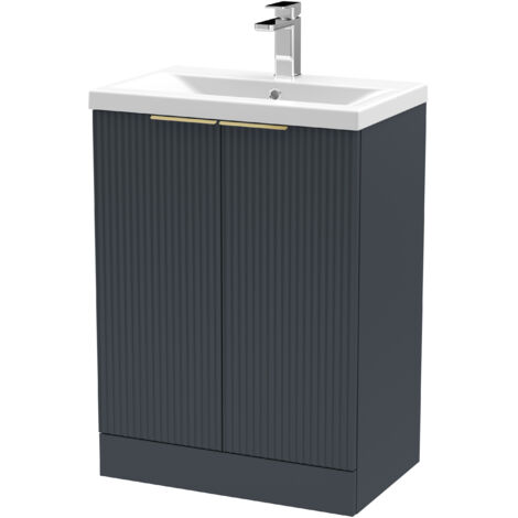 Fluted Front Floor Standing 2 Soft Close Door Bathroom Vanity Unit with 1 Tap Hole Basin, 600mm, Dark Grey, Brushed Brass Handles