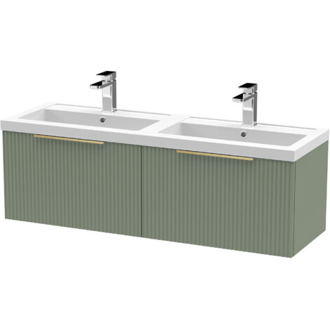 Fluted Front Wall Hung 2-Drawer Bathroom Vanity Unit with Double Basin, 1200mm, Satin Green, Brushed Brass Handles (1/5)