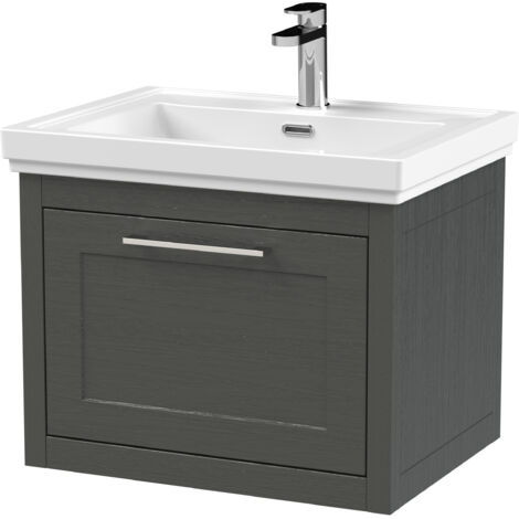 Blithbury Traditional Bathroom Wall Hung 1 Drawer Vanity Unit and 1 Tap Hole Fireclay Basin, 600mm, Woodgrain Dark Grey