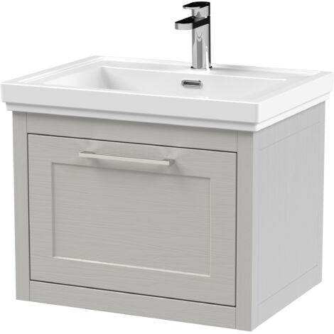 Blithbury Traditional Bathroom Wall Hung 1 Drawer Vanity Unit and 1 Tap Hole Fireclay Basin, 600mm, Woodgrain Grey