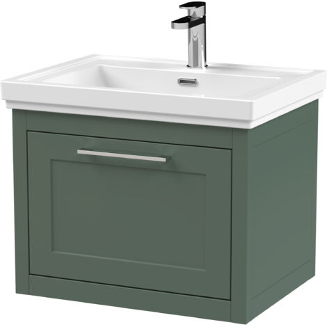 Blithbury Traditional Bathroom Wall Hung 1 Drawer Vanity Unit and 1 Tap Hole Fireclay Basin, 600mm, Matt Green