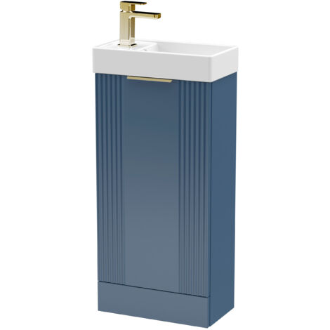 Blue 400mm Floor Standing Cloakroom Vanity Basin Unit with Brushed Brass Handle Compact Bathroom Storage (1/4)