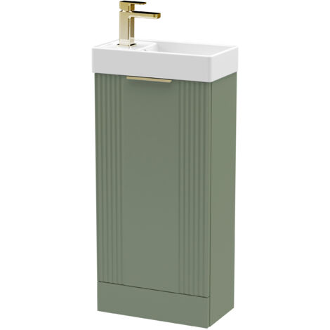 Green 400mm Floor Standing Cloakroom Vanity Basin Unit with Brushed Brass Handle Compact Bathroom Storage (1/4)