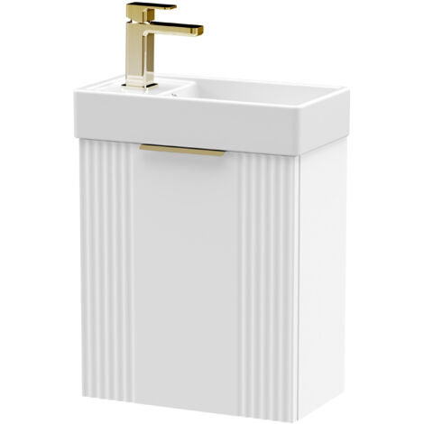 White 400mm Wall Hung Cloakroom Vanity Basin Unit with Brushed Brass Handle Compact Bathroom Storage (1/4)