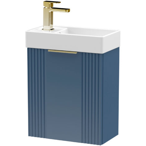 Blue 400mm Wall Hung Cloakroom Vanity Basin Unit with Brushed Brass Handle Compact Bathroom Storage (1/4)