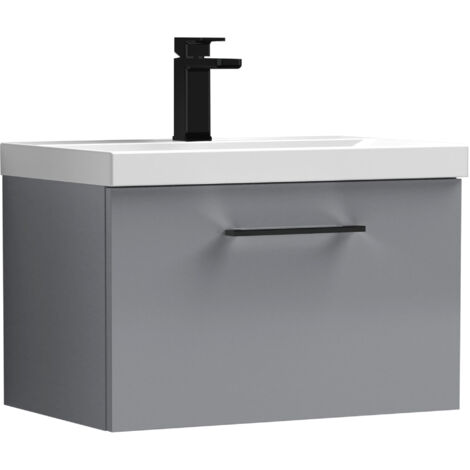 Balterley 600mm Wall Hung Bathroom 1 Drawer Vanity Unit and 1 Tap Hole Ceramic Basin, Satin Grey with Black Handle (1/5)