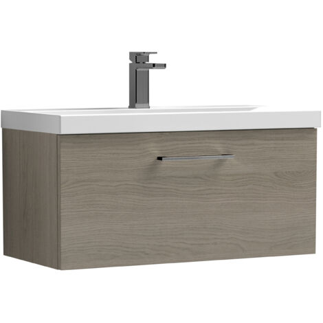 Balterley 800mm Wall Hung Bathroom 1 Drawer Vanity Unit and 1 Tap Hole Ceramic Basin, Woodgrain Mid Oak with Brushed Pewter Handle (1/5)