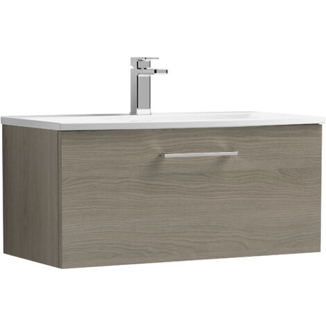 Balterley Level Modern Bathroom Wall Hung 1-Drawer Vanity & Curved Basin, Solace Oak, 800mm