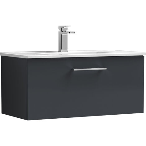 Balterley Level Modern Bathroom 1 Soft Close Drawer & Minimalist Wall Hung Vanity Unit Basin, Dark Grey, 800mm