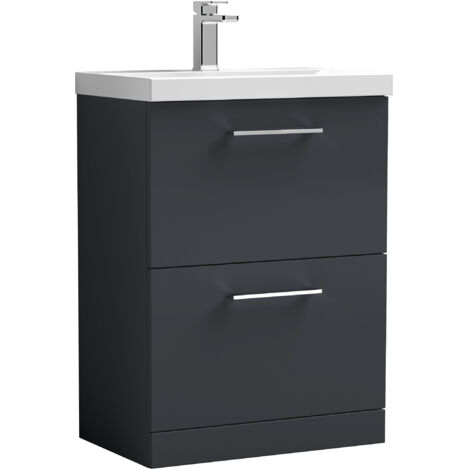Balterley Level Contemporary Bathroom 2 Soft Close Drawers & Thin-Edge Floor Standing Vanity Unit Basin, Dark Grey, 600mm