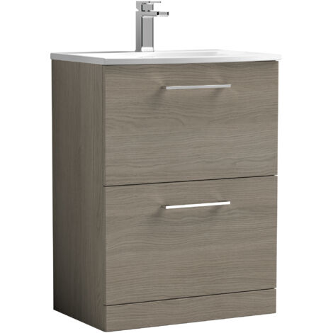 Balterley Level Modern Bathroom Floor Standing 2-Drawer Vanity & Curved Basin, Solace Oak, 600mm