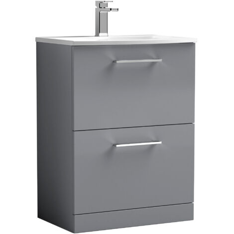 Balterley Level Modern Bathroom Floor Standing 2 Soft Close Drawer Vanity Unit & Curved Basin, Satin Grey, 600mm