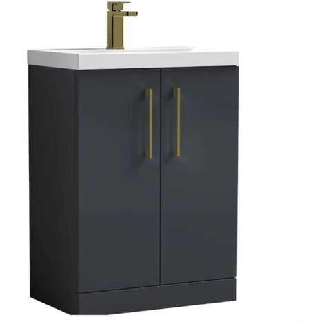 Balterley Bramshall Modern Bathroom 2 Soft Close Door Floor Standing Vanity Unit with Mid-Edge Ceramic Basin, Dark Grey, 600mm (1/4)