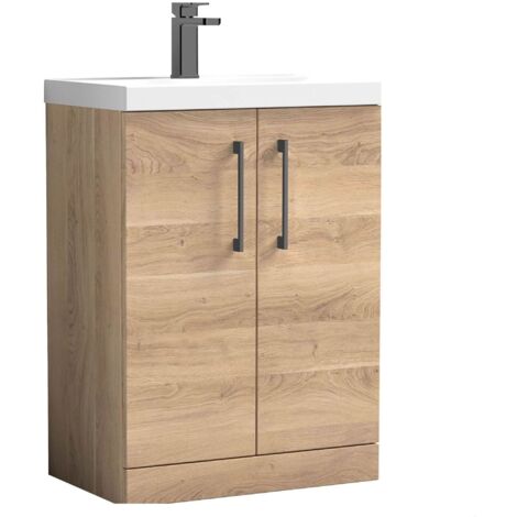 Balterley Bramshall Contemporary Bathroom Floor Standing 2-Door Vanity & Basin, Bleached Oak, 600mm (1/4)