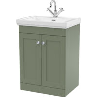 Balterley Swynnerton Traditional Bathroom Floor Standing 2-Door Vanity Unit & Fireclay Basin, Satin Green, 600mm