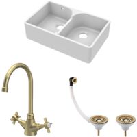 Fireclay Kitchen Sink Bundle - 2 Bowl Butler Sink with Stepped Weir, Wastes & Crosshead Tap, 795mm Brushed Brass
