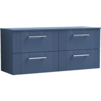 Belvide Partial Fluted 4 Drawer Wall Hung Vanity Unit with Colour Coordinating Laminate Worktop - 1200mm - Satin Blue