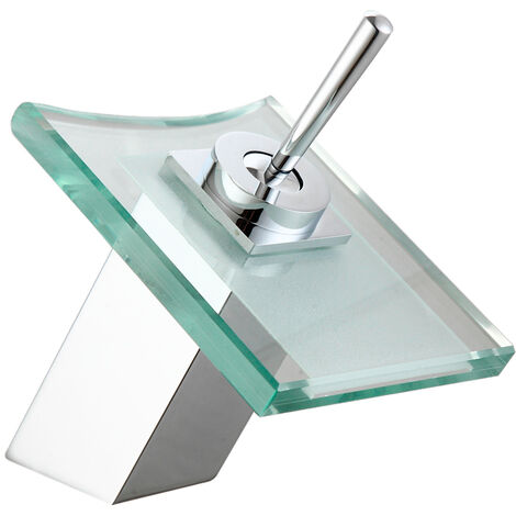 Robinet de lavabo en verre effet cascade – Fini chrome brillant – Cartouche céramique 40 mm – Pression 3/4 bars – Dimensions 21,5 x 7 x 38 mm – Dp Griferia - GL11014