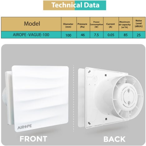 AIROPE -VAGUE- 100 mm Ventilateur,Extracteur d'Air avec Clapet Anti-Retour, 92 m3/h ,VMC, Design Moderne et Aspect Esthétique pour Salle de Bain,Cuisine,Bureau,WC,Silencieux,Garantie 5 ANS
