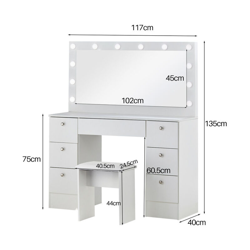 Coiffeuse Lumineuse Avec Miroir LED 3 Tons - Table Maquillage Moderne Avec Tabouret, 5 Espaces De Rangement, Blanc & Or | Leroy Merlin