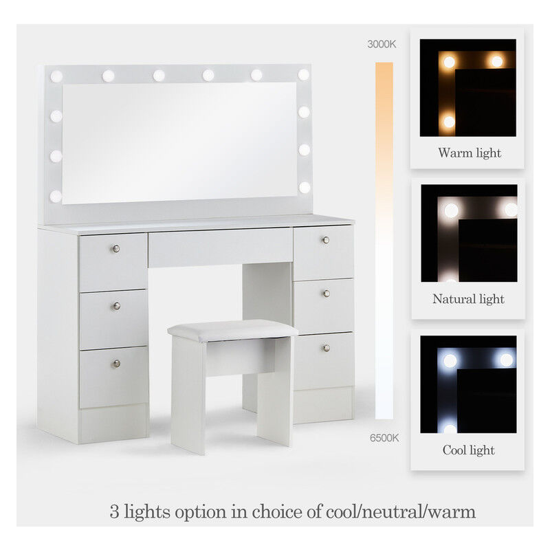 Coiffeuse Hollywoodien Avec LED, Miroir Lumineux, Tiroirs Et Tabouret - Style Moderne