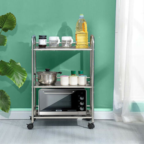 Clipop – Chariot de cuisine 3 étagères en acier inoxydable – Dimensions 350x600x750mm – Roues pour mobilité – Design moderne argenté (1/5)
