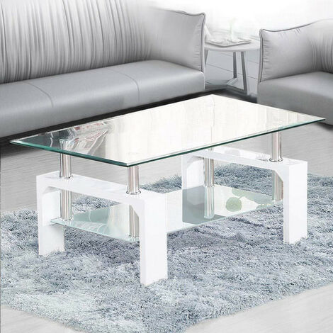 Table basse rectangulaire en verre transparent moderne avec étagère inférieure chromée et support en MDF pour salon, salle de réception, Blanc