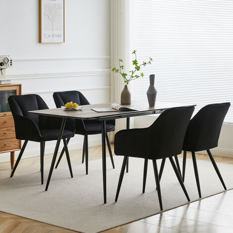 4 Chaises Velours Noir Avec Accoudoirs - Pieds Métal - Pour Salle à Manger Ou Salon - Confortables