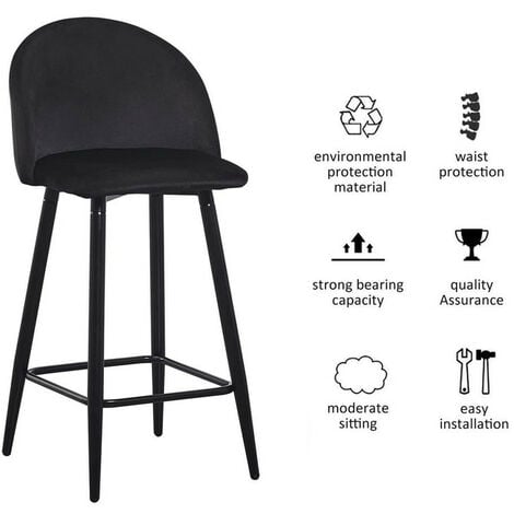 Noir Lot de 2 tabourets de bar en velours avec pieds en métal, en forme de coquillage