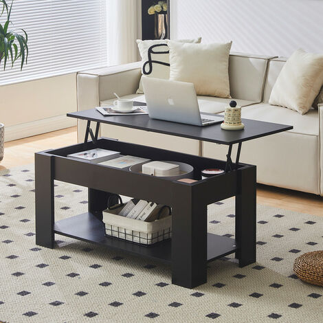 CLIPOP Table basse réglable en hauteur,bois,Avec espace de rangement ouvert et caché,extensible,100 x 50 x (43-55) cm, noir (1/5)