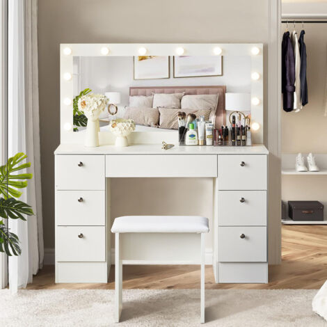 Clipop – Coiffeuse avec éclairage LED – Miroir Hollywood 102 x 45 cm – 7 tiroirs multifonctionnels – Tabouret rembourré similicuir – Dimensions 117 x 40 x 135 cm