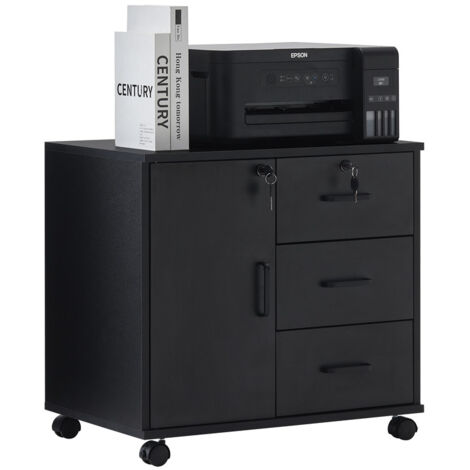 Caisson de bureau rangement sur roulettes , avec 3 tiroirs et porte, bureau, salon, 40 x 60 x 57 cm, noir