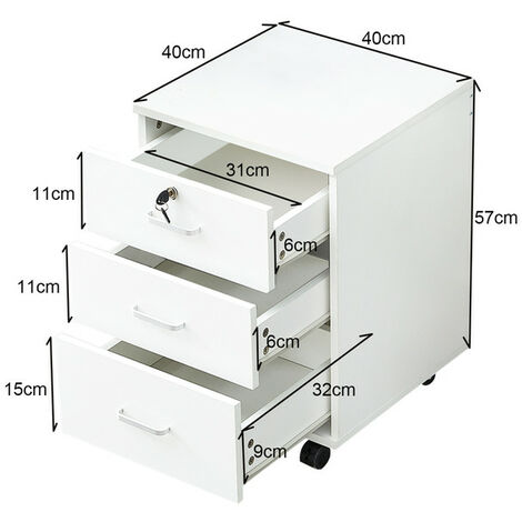 Caisson 3 tiroirs, Meuble rangement bureau mobile avec verrouillable et 4 roulettes, pour format A4, documents, style morderne,Blanc