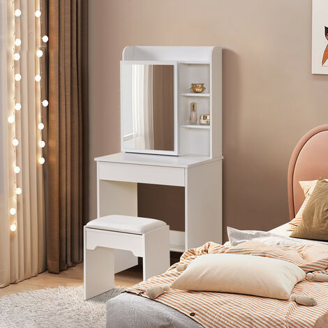 Coiffeuse avec miroir et tabouret, Rangement derrière le miroir, 60 x 40 x 130 cm，Style Moderne, Blanc