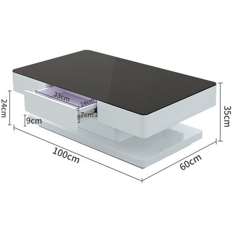 Table basse avec 2 tiroirs, Surfaces en verre trempé,100x60x35cm, Noir