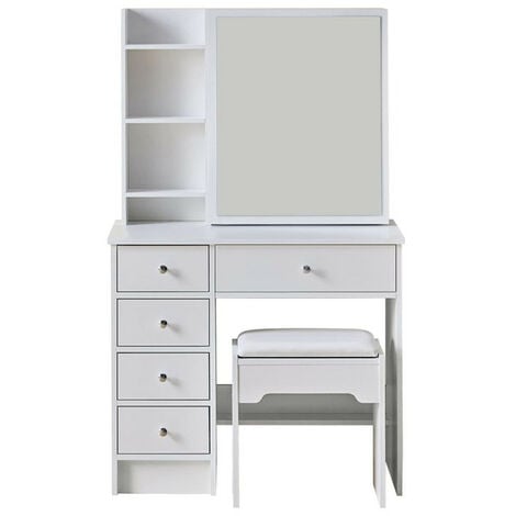 Coiffeuse Blanche avec Miroir et Tabouret et 5 tiroirs, Bureau de Maquillage pour Adulte,Rangement derrière Le Miroir Coulissant