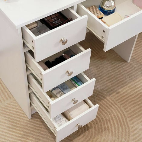 Coiffeuse Blanche avec Miroir et Tabouret et 5 tiroirs, Bureau de Maquillage pour Adulte,Rangement derrière Le Miroir Coulissant