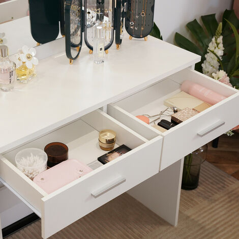 Coiffeuse Avec Miroir LED Et Tabouret - 5 Tiroirs Blanc Moderne