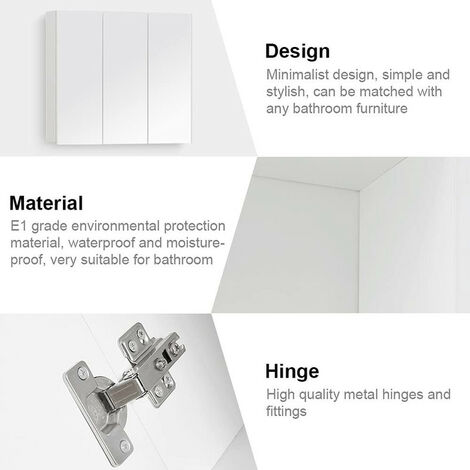 Costway Armoire Toilette Avec Miroir Murale, 3 Porte Et 3 Etagères, Meuble à Miroir De Salle De Bain En Bois Mdf, 90 X 11 X 65cm, Blanc