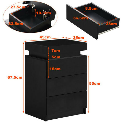 LI-Table de Chevet 3 tiroirs avec 16 lumières LED RVB Table de Nuit en LI-Table de Chevet 3 tiroirs avec 16 lumières LED RVB Table de Nuit en