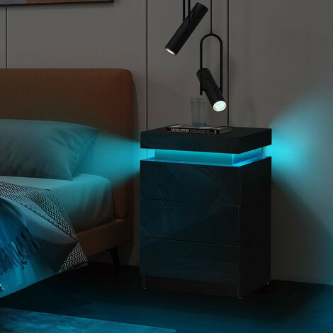 Table de chevet noyer avec éclairage LED et 3 tiroirs, en bois, pour chambre, salon | Leroy Merlin