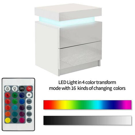 Table de Chevet avec 2 tiroirs et 16 Couleurs LED, 2 tiroirs Table de Chevet pour Salon, Chambre à Coucher, Blanc