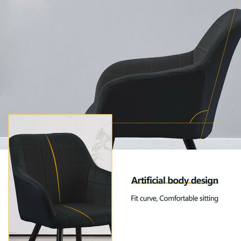 Lot de 2 chaises de salle à manger rembourrées en velours, avec accoudoirs classiques, dossier et pieds en métal, Noir
