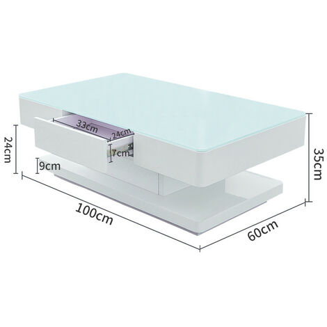 Table basse avec 2 tiroirs, Surfaces en verre trempé,100x60x35cm, Blanc