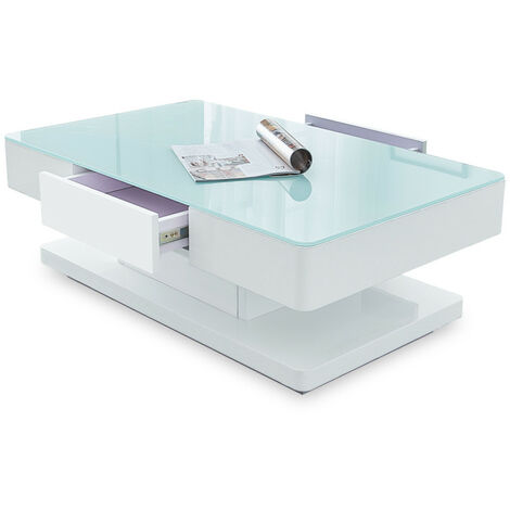 Table basse avec 2 tiroirs, Surfaces en verre trempé,100x60x35cm, Blanc