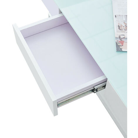 Table basse avec 2 tiroirs, Surfaces en verre trempé,100x60x35cm, Blanc