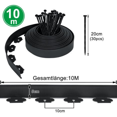 Suelo Camping Borde Flexible Para Césped WDB - 10 M, Negro, 4 Cm Alto, Con 20 Clavos Toldos Verticales