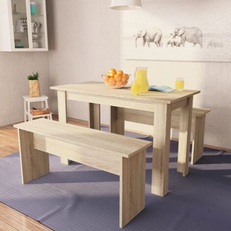 3-tlg. Essgruppe，Sitzgruppe Tisch und Bänke Holzwerkstoff Eiche vidaXL