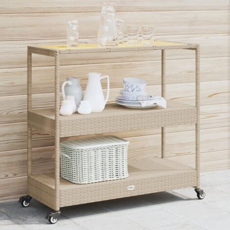 Barwagen 3 Böden Beige Poly Rattan und Massivholz Akazie vidaXL195449