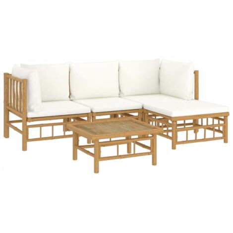 5-tlg. Garten-Lounge-Set Gartenmbel Set Sitzgruppe Essgruppe mit  Cremeweien Kissen Bambus DE70693